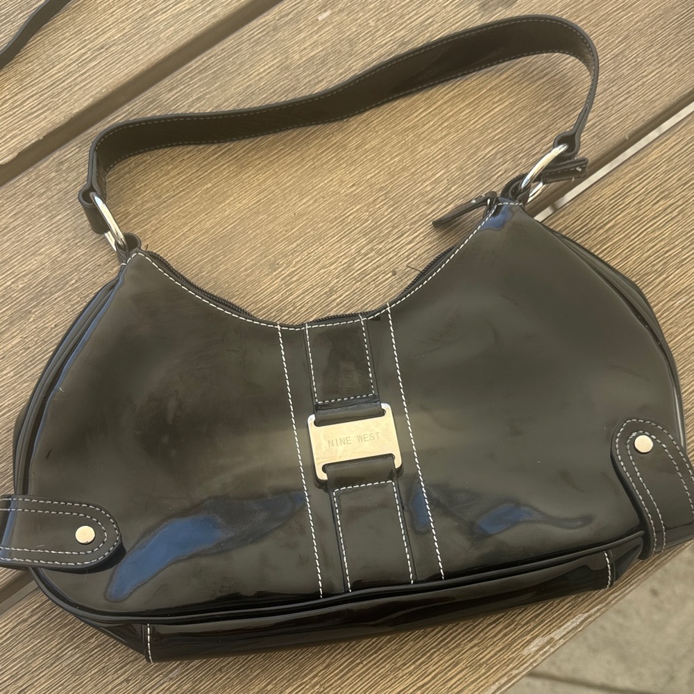 Nine West Black Patent Shoulder Bag with Contrast Stitching